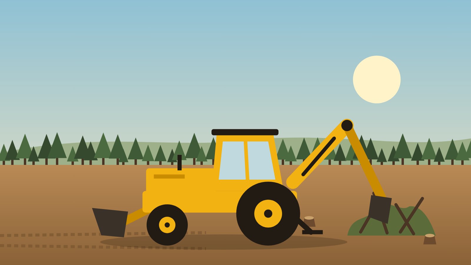 Yellow backhoe working on a dirt lot